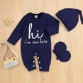 thumbnail image 2 of WISWELL Newborn Baby Boy Romper Coming Home Outfits Letter Print Bodysuit Jumpsuit+Hat+Gloves 3PCS Clothes Set (Navy Blue, 1-3 Months), 2 of 8