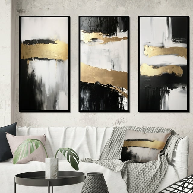 Designart "Horizontal Perspectives Abstract in Gold and Black VII" Abstract Painting Framed Wall Art Set Of 3 - Gold Modern Frame Gallery Wall Set For Home Decor