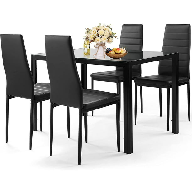 Wmtlife Kitchen Dining Table Set For 4, Glass Dining Table With Faux Leather Chairs