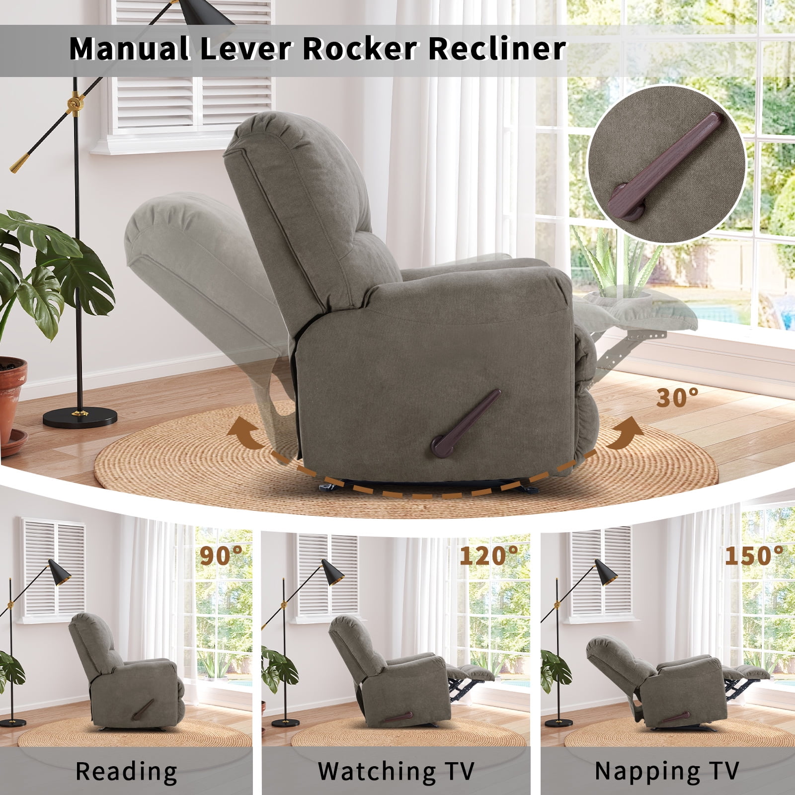 Ebello Manual Rocker Recliner Chair for Adults – Soft Fabric Reclining Sofa with Overstuffed Backrest, 300 lbs Weight Capacity,Grey