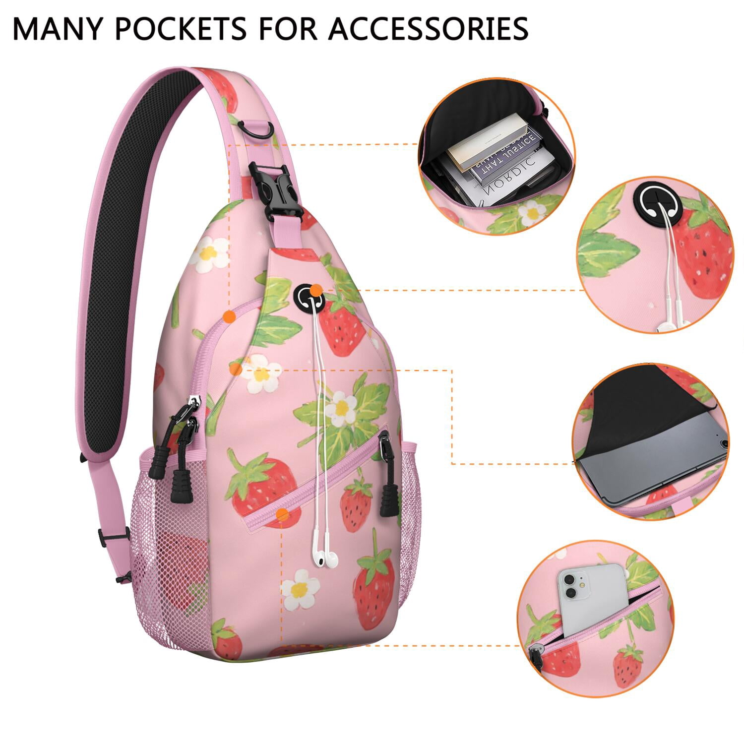 Strawberry Crossbody Sling Bag for Women Men Travel Bag Trendy Sling Backpack Chest Bag Travel Hiking Casual Sport Daypack