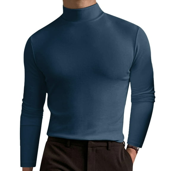 Krdevn Mens Shirts - Male Autumn and Winter Solid Color T Shirt Top Turtleneck Long Sleeve Top Blouse,Mens Fall Shirts,Color:Navy,Size:XXL
