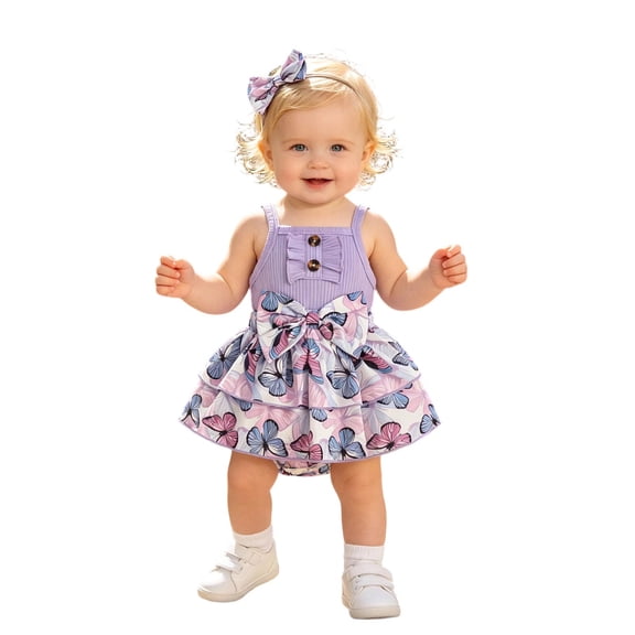 JAJAHO Baby Girl Clothes Romper Dress Infant Girls Sleeveless Butterfly Printed Bow Ribbed Bodysuits With Headbands 2 Piece Set 0-24M Soft Onesie