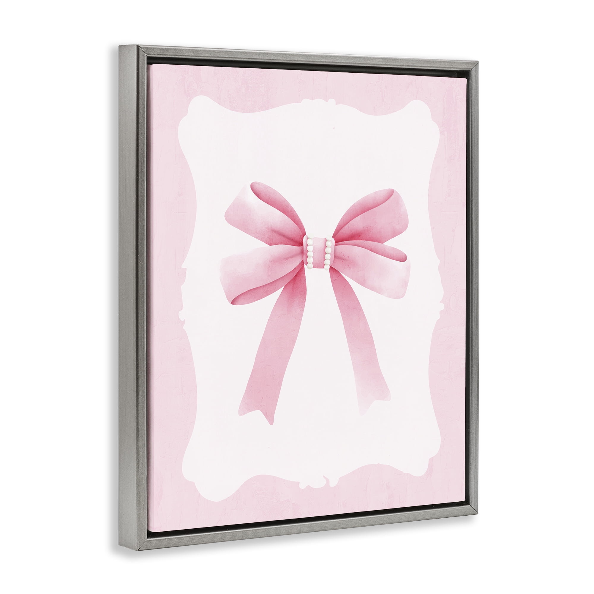 Stupell Industries Feminine Bow with Pearls Gray Framed Floater Canvas Wall Art, design by Kim Allen