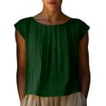 thumbnail image 2 of HOMBOM Tops for Women Pleated Cotton Linen Short Sleeve Solid Crewneck Green Loose Fit Womens Blouse Summer, 2 of 9