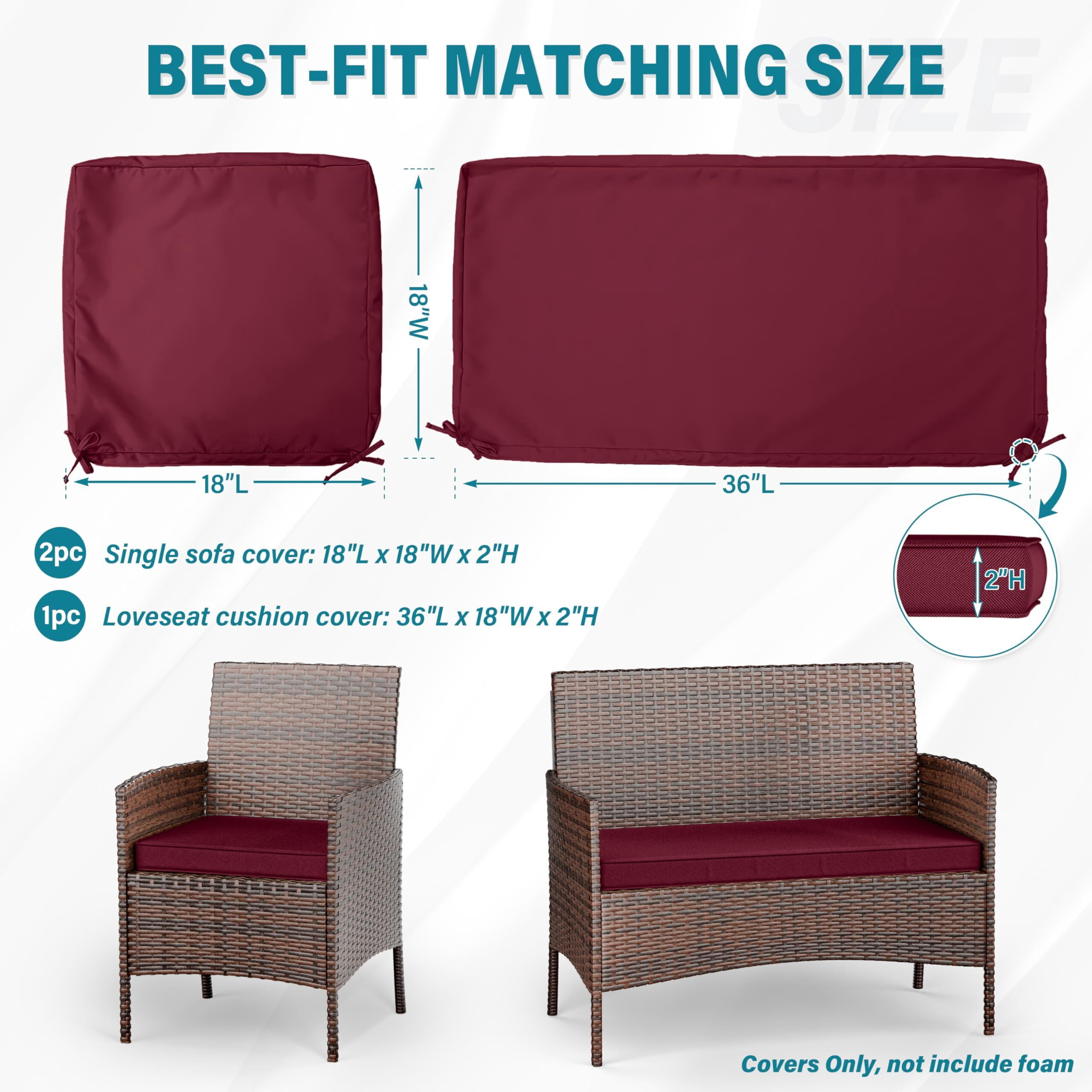 Pakunoda 3Pcs Patio Cushion Covers 4-Seater Outdoor Cushion Slipcovers Replacement with Zipper for Garden Couch Wicker Rattan Sofa Furniture, Cover Only, Burgundy