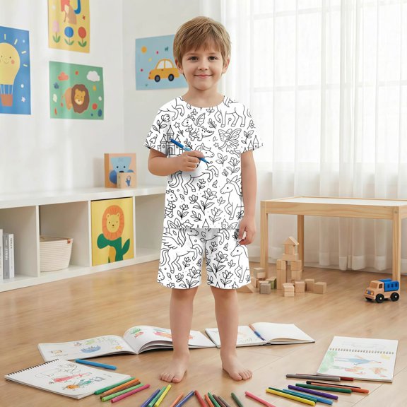 KDFJPTH Outfit Sets for Toddler Graduation Boys Doodle Print Short Sleeve Shorts Pajama Comfortable Sleepwear Two Piece Kids Clothing Sets