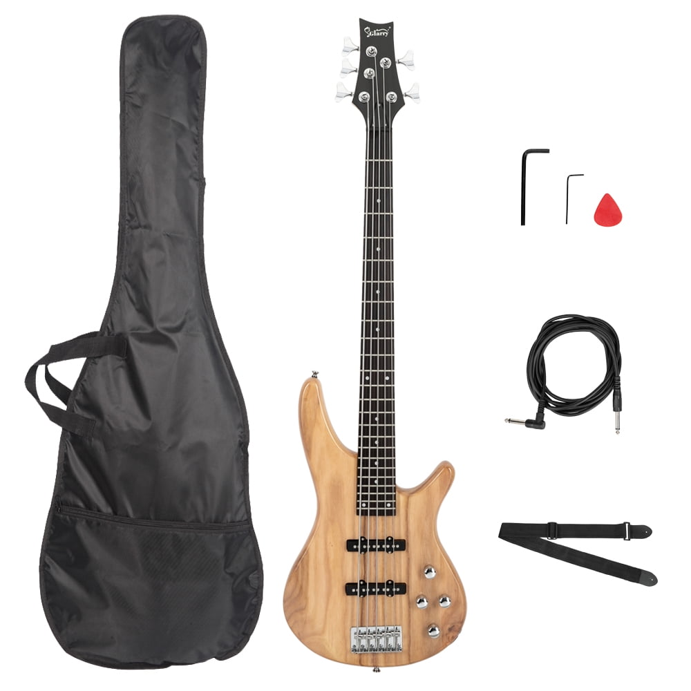 Lowestbest Exquisite GIB Electric 5 String Bass Guitar Full Size with Bag & Strap & Pick & Connector & Wrench Tool, Burlywood