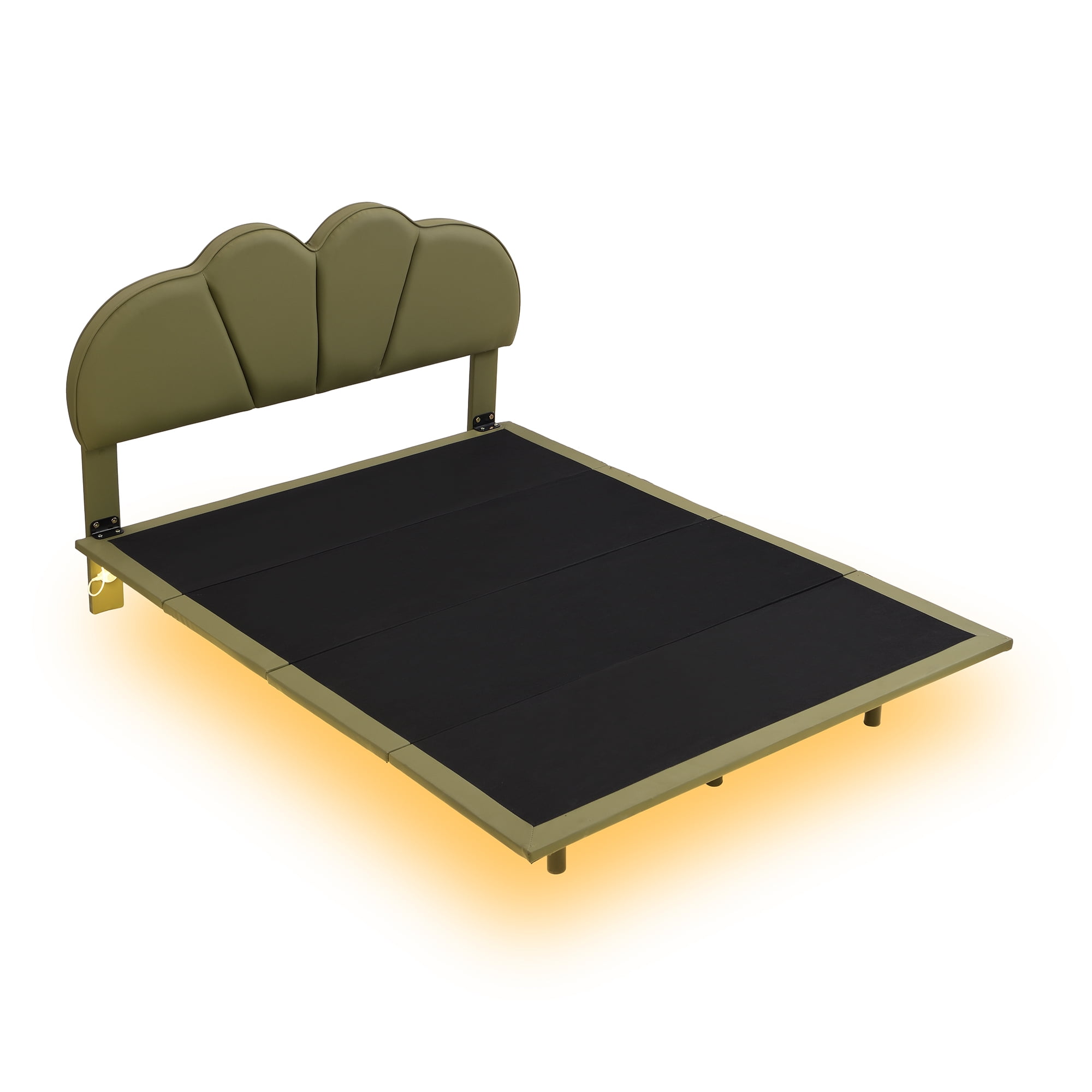 Euroco Full Size Upholstery Floating Bed with LED Lights, PU Leather Headboard Platform Bed for Kids Teens Adults, Green