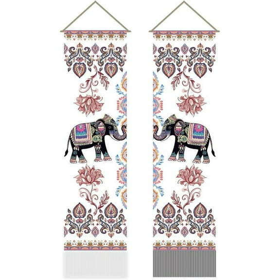 2Pcs India Elephant Tapestry Traditional Jaipur Elephant Vertical Tapestry Wall Hanging Good Luck Tassel Wall Tapestry for the Living Room Wall Art Wall Decor Entry(45.7x13 Inch)