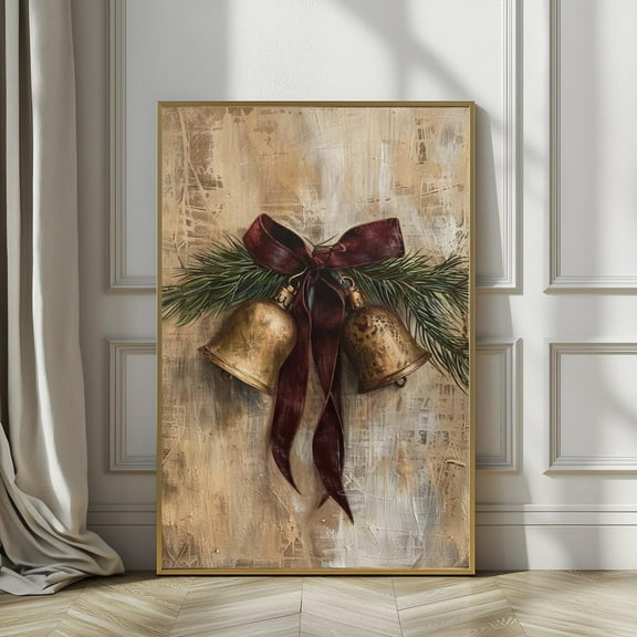 Christmas Wall Art, Vintage Holiday Print, Brass Bells Rustic Oil Painting, Country Christmas Antique Winter Wall Decor, 8x12 UNFRAMED