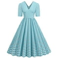 thumbnail image 2 of XIAOCHA Women's Gingham Flared Midi Dress Fitted Plaid Elbow Sleeve V Neck Gown Structured Retro Daily Dresses, 2 of 7