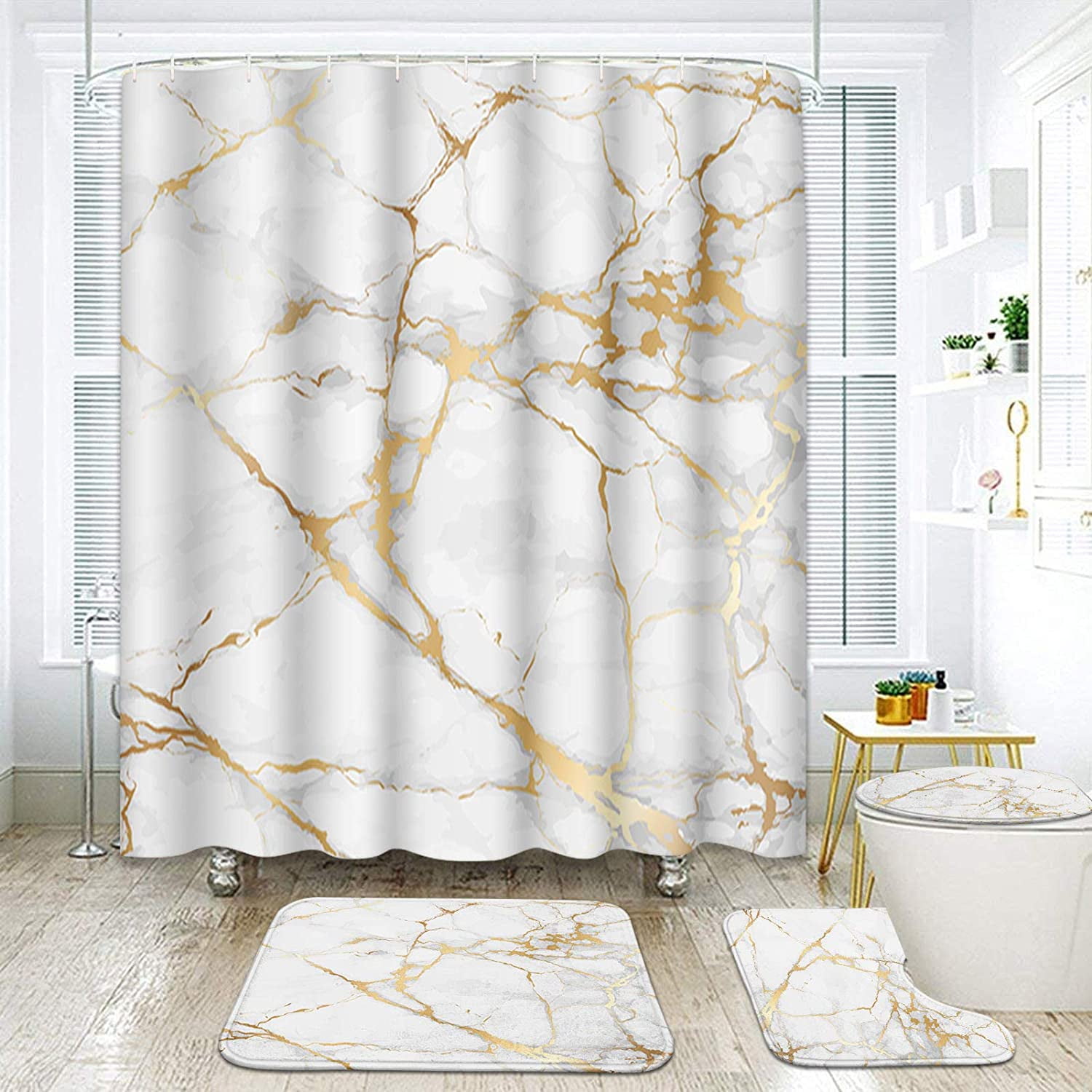 4 Pcs Marble Shower Curtain Sets with Non-Slip Rug Toilet Lid Cover and Bath Mat 