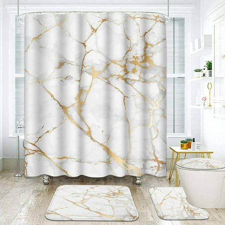 4 Pcs Shower Curtain Set Marble Gold, Black White And Gold Marble Shower Curtain