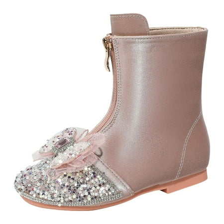 

TSADFHJI Girls Boots Size 2.5 Rain Boots for Girls Size 4 Children Shoes Flat Mid Length Boots Fashionable Sequined Leather Boots 10-10.5 Years