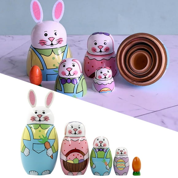 REK Easter Decor Matryoshka Dolls 5Pcs/Set Cute Wooden Rabbit Bunny Nesting Dolls Set Easter Rabbit Carrot Nesting Doll Toy .