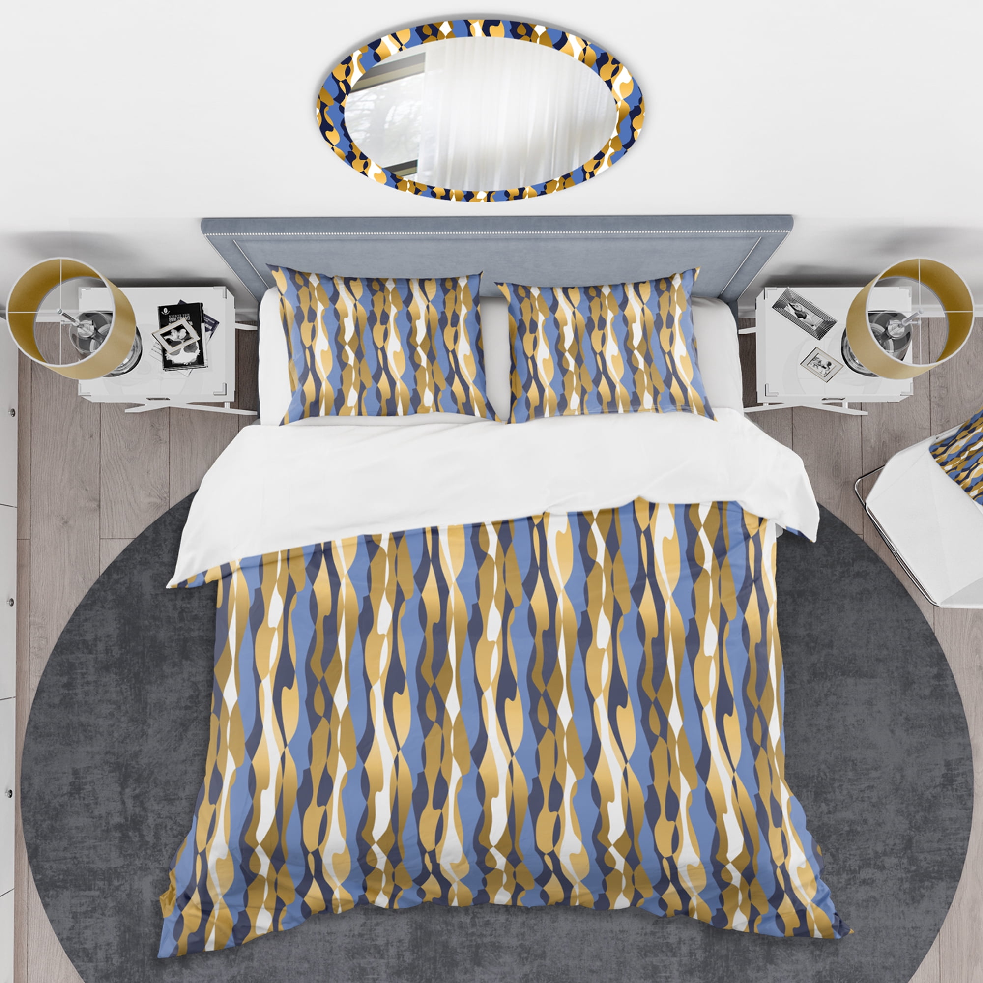 Designart 'Retro Luxury Waves In Gold And Blue I' Mid-Century Modern Duvet Cover Set