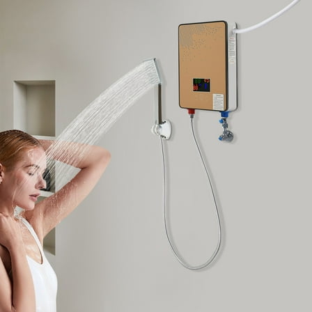 Tankless Electric Water Heater 4500W Instant Hot Thermostat Water Heater with LED Display Shower Head 110V 86-131℉ Temperature Adjustable Water Heater for Kitchen Bathroom (Gold)