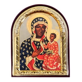 Our Lady of Czestochowa Icon - Gold Foil - Arched Icon With It's Standing and Hole For Hanging 4 1/16 Inch