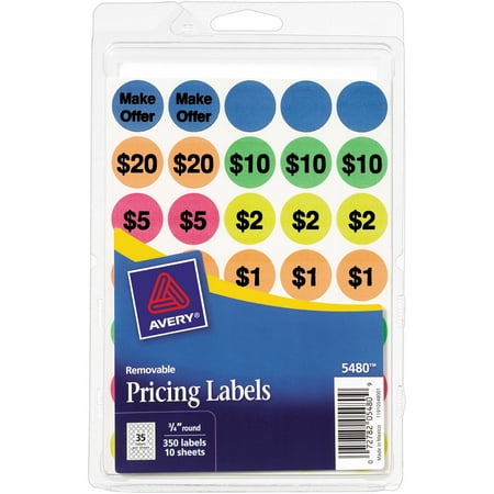 Avery(R) Assorted Neon Preprinted Removable Garage Sale Labels 5480, 3/4" Round, Pack of 350