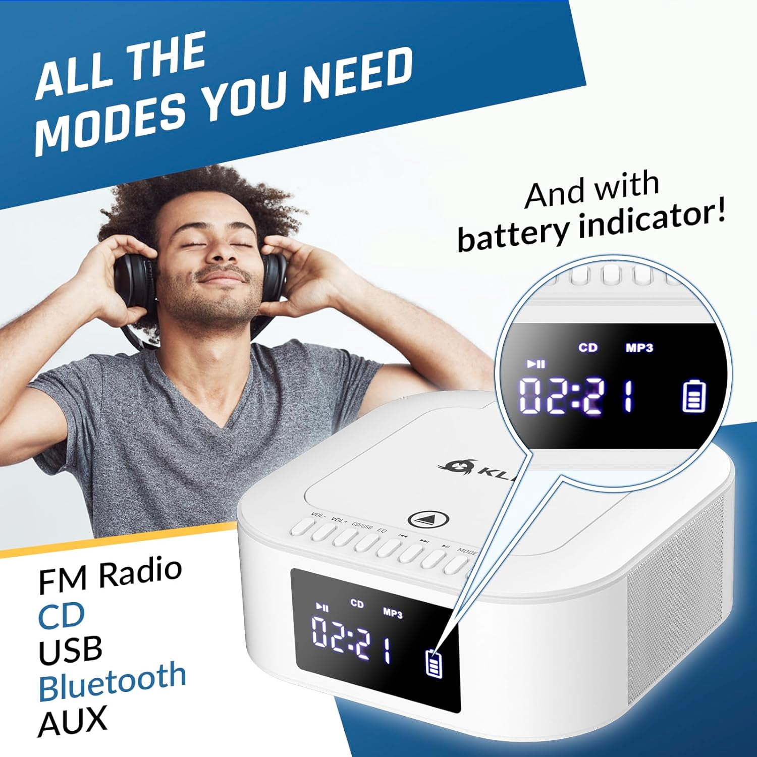 Open Box KLIM Boombox E1 - CD Player Portable Stereo + built-in Subwoofer + FM Radio, Bluetooth, Remote, Rechargeable Battery, White