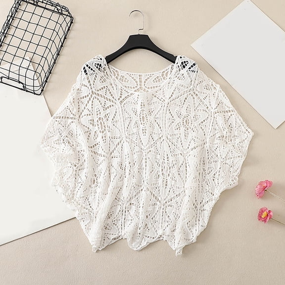 Women's Plus Size Boho Tops Crochet Sweater Dolman Sleeve Beach Cover Up Beach Swimwear Cover Up for Lady Vacation(White,One Size)