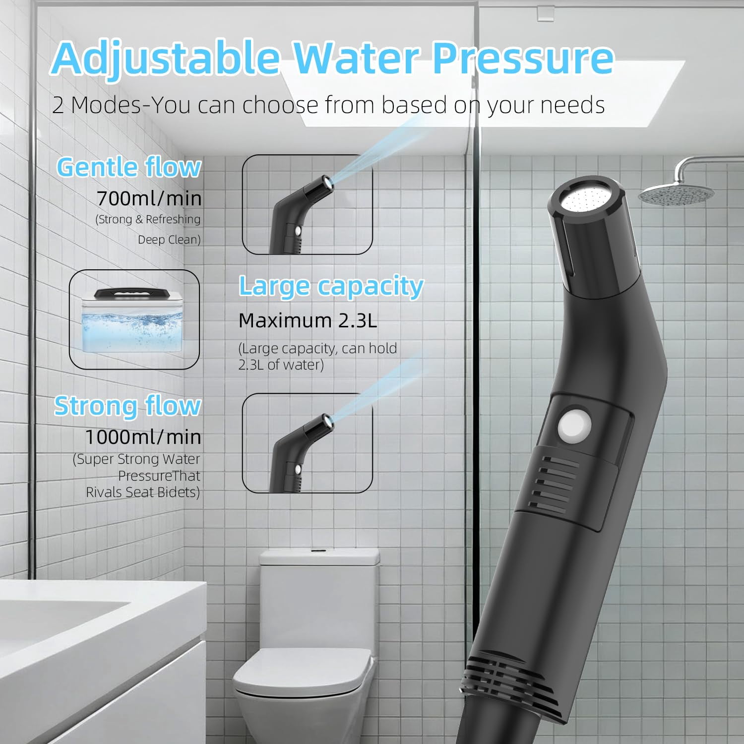 Electric Rechargeable Handheld Personal Travel Bidet Portable For Toilet Bathroom And Outdoor Hiking Strong - Soft Options Refreshing Clean With 2.3l Water Storage (black 2.3l)