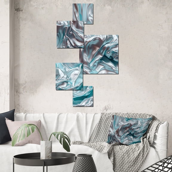 Designart "Dancing Colors in Silver and Blue" Abstract Marble Metal Wall Art Set
