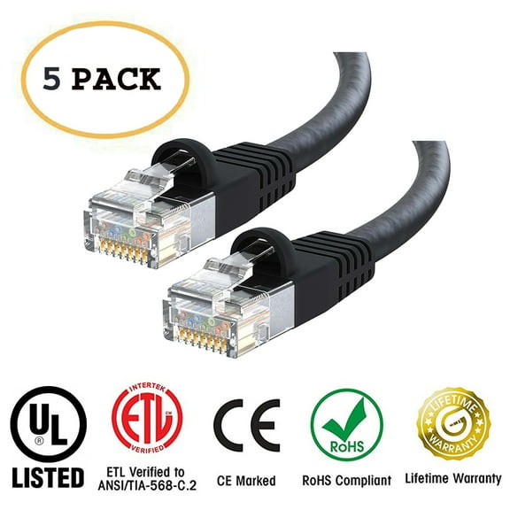 Huetron™ 5-Pack Cat 6 Ethernet Cable Cat6 Snagless Patch 3 Feet - Computer LAN Network Cord, BLACK