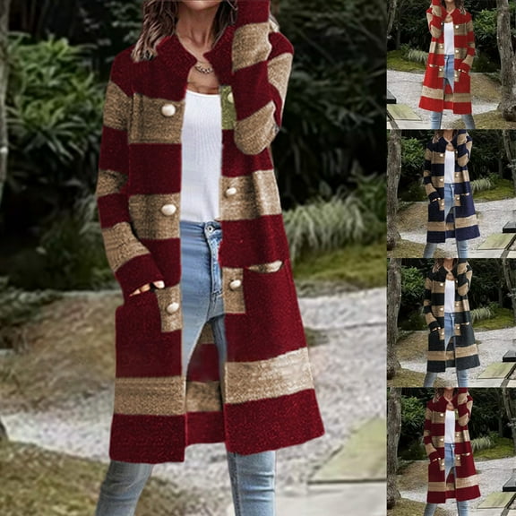 Lovskoo Cardigan Sweaters for Women Open Front Long Sleeve Loose Stripe Pocket Ethnic Knitted Button Oversized Winter Outerwear Tops Claret