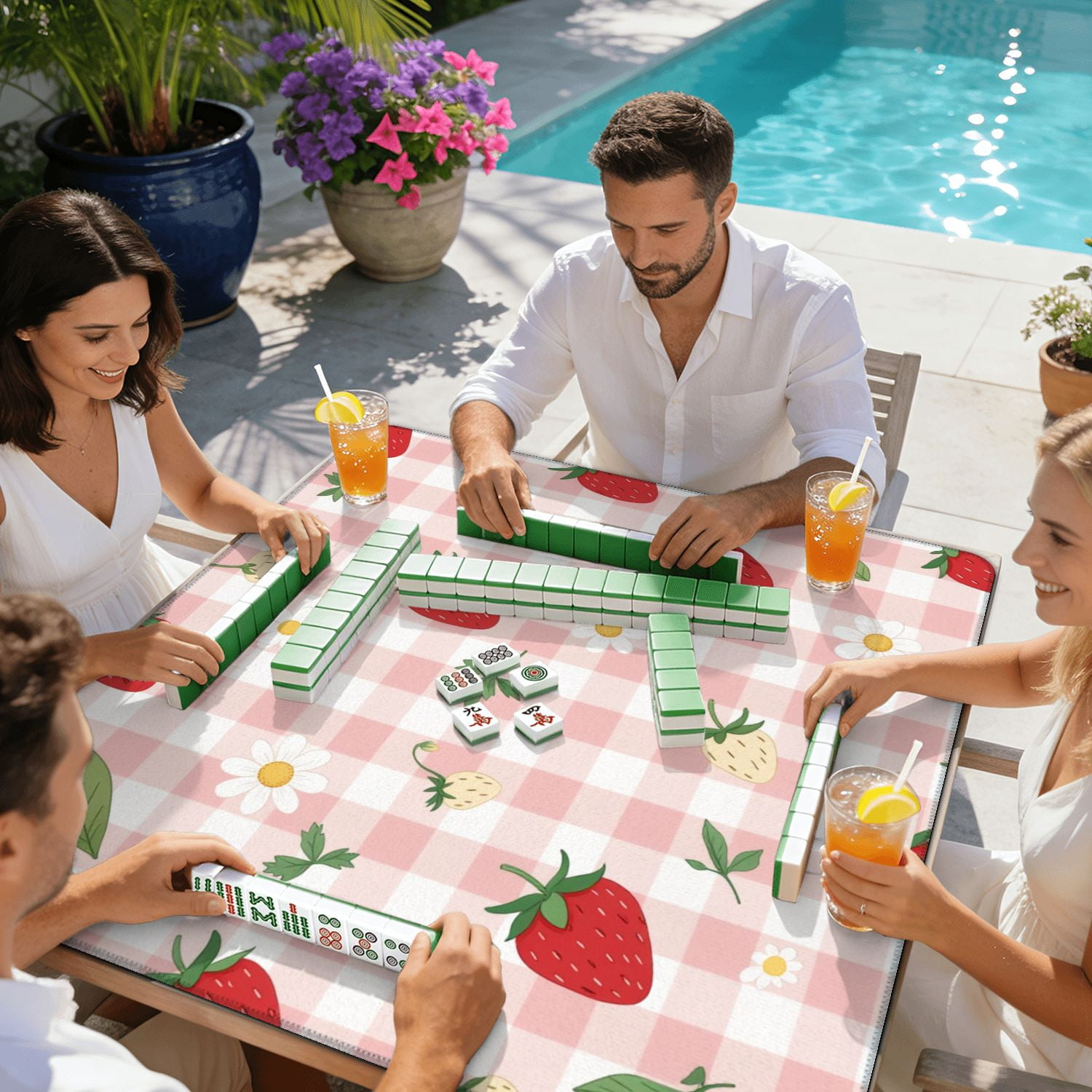 Mahjong Mat 31.5" x 31.5" Strawberry Daisy Pink Gingham Cute Summer Fruit Non-Slip Noise Reduction American Mahjong Tiles Table Cover for Dominoes Poker Card Board Games Gift