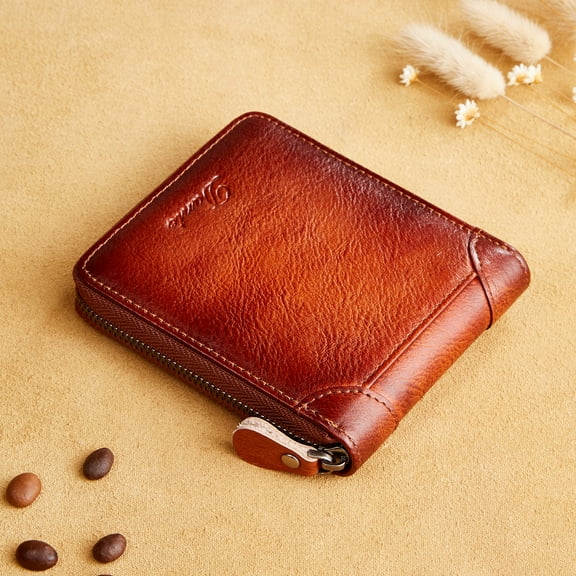 Mens Genuine Leather Zipper Wallet RFID Secure Large Capacity Double Fold Multi-card Leather Wallets for Men and coin purse