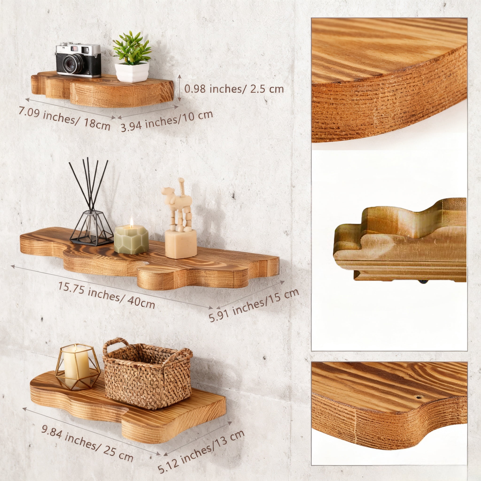 NIUBIER Set of 3 Live Edge Floating Shelves,3 Size Wooden Floating Shelves,Rustic Farmhouse Vintage Wall Shelves Decor for Living Room Bedroom