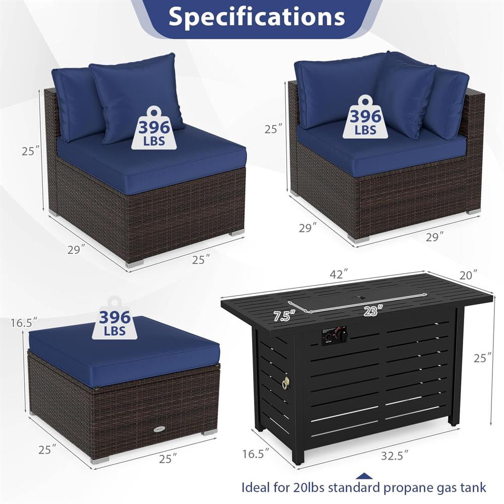 Topcobee Heavy-duty Frame Rattan Sofa Set with 60000 BTU Firepit Table, Patio Furniture Set for Outdoor, Comfort-Navy
