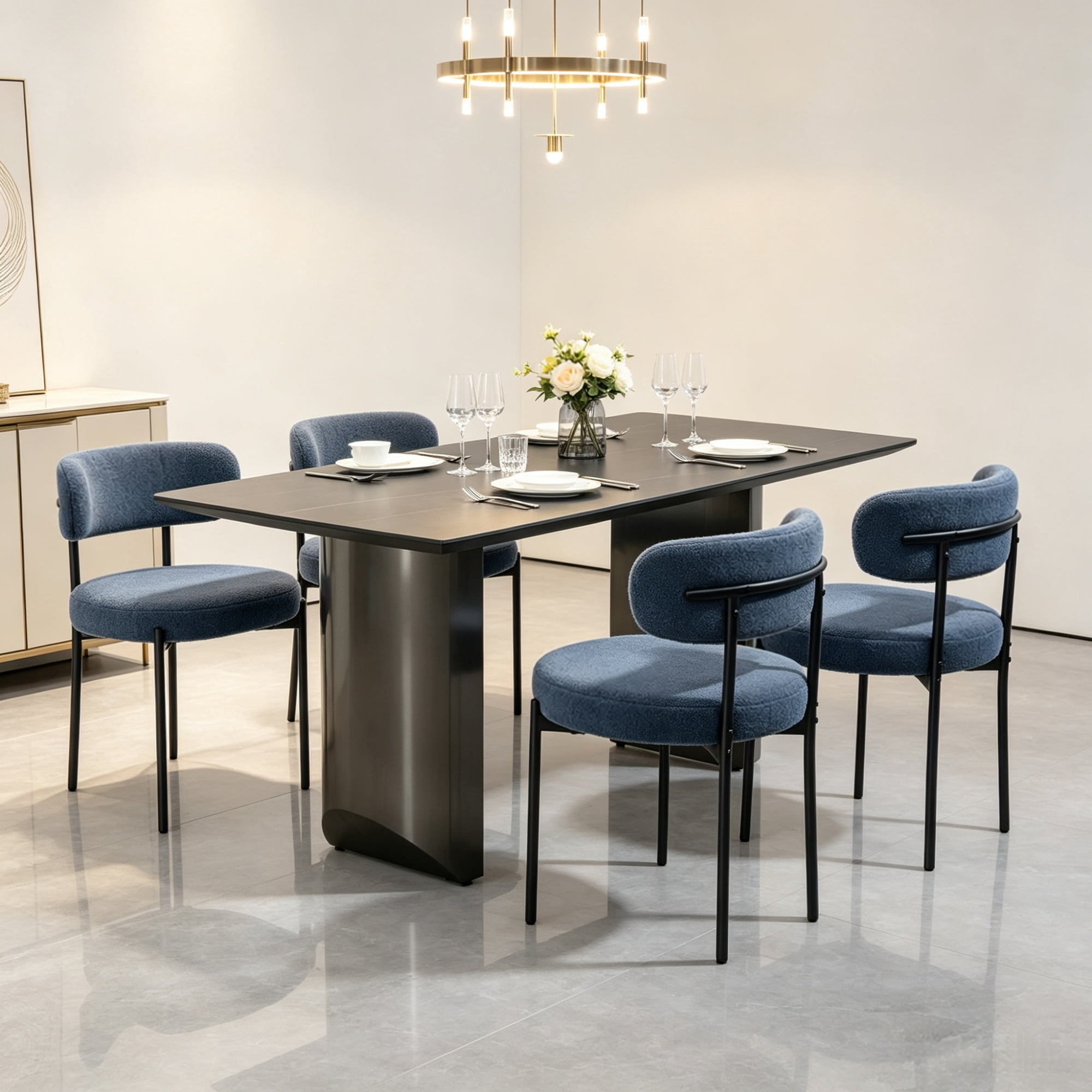 All-in-One 4-Piece Modern Round Upholstered Kitchen Chairs, Curved Backrest, Soft Thick Cushion Dining Set, Gray（Only chairs）