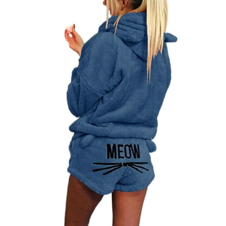 

Haite Women Hoodies Hooded Pajamas Set Loose Lounge Home Clothes Pyjama 2 Pieces Solid Color Sleepwear Outfits Navy Blue S