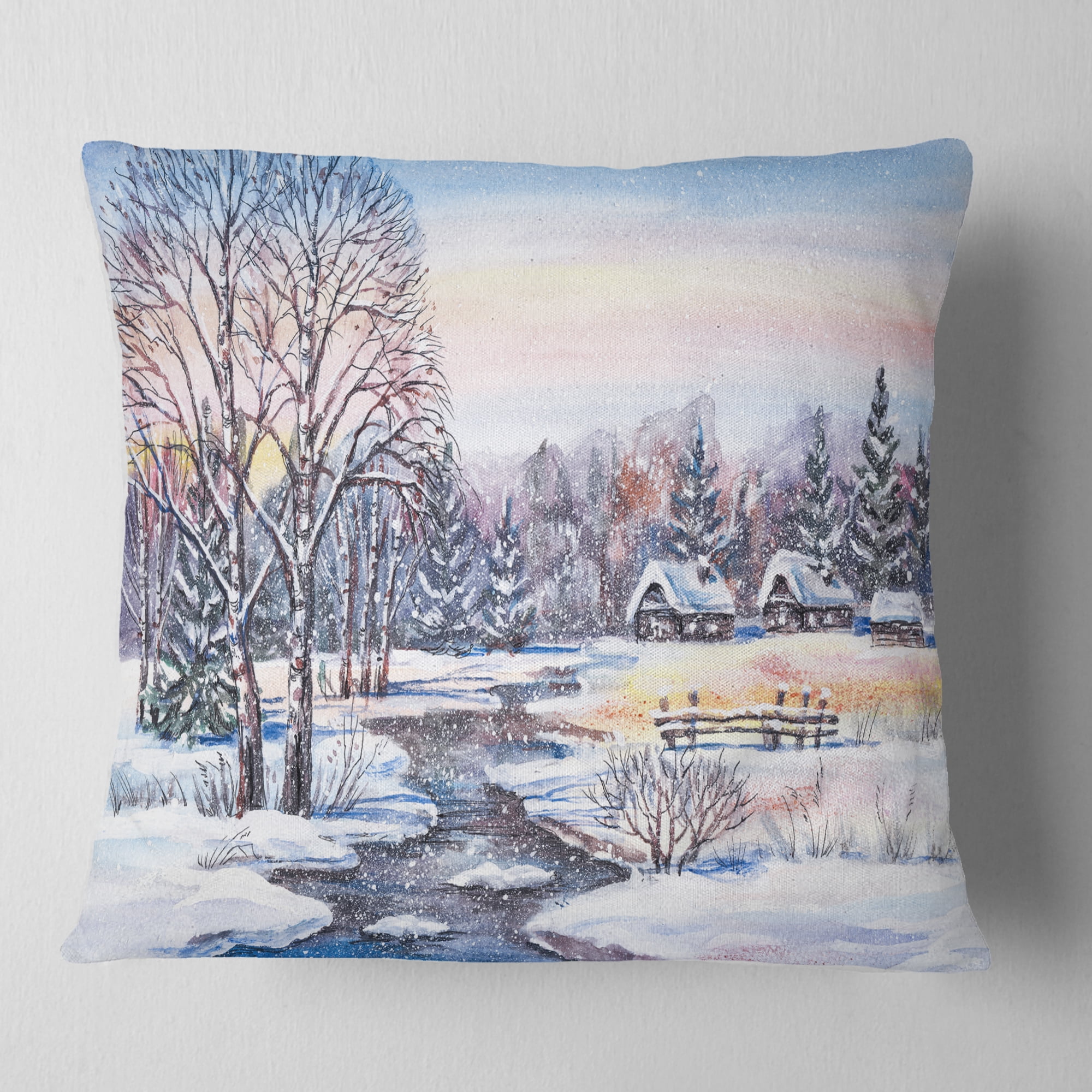 Designart Russian Winter Village - Landscape Photography Throw Pillow - 16x16