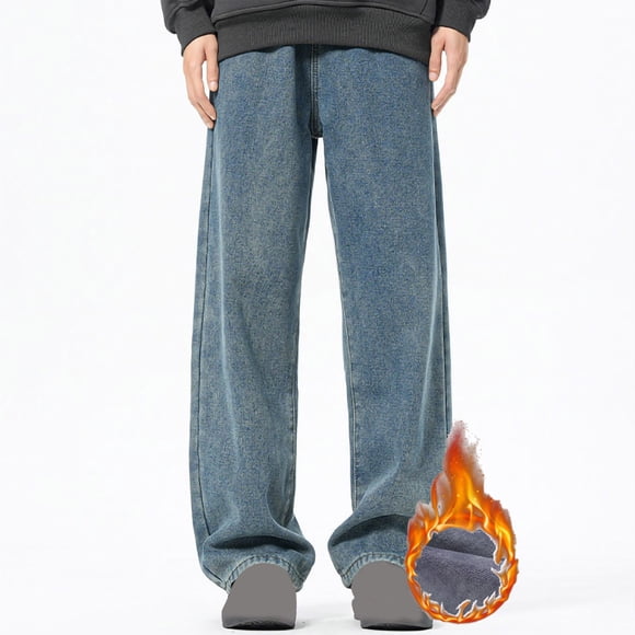 Amzcrzy Men's Pants Men's Plush Thick Jeans with Elastic Drawstring Loose Oversized Straight Leg Pants Men's Long Pants Mens Slacks Pants for Men Men's Clothing Slacks for Men Men Clothing