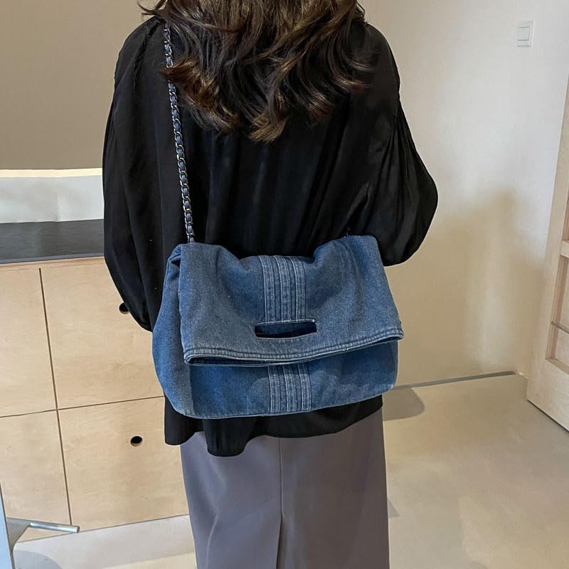 Women Denim Shoulder Handbag Retro Crossbody Bag Large Capacity Tote Purse Chain Strap Underarm Bag
