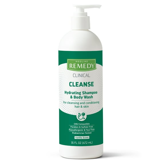 Medline Remedy Clinical Hydrating Shampoo & Body Wash (16 fl oz), Vanilla Scent, Cleanser, No-Rinse, For Adults and Kids