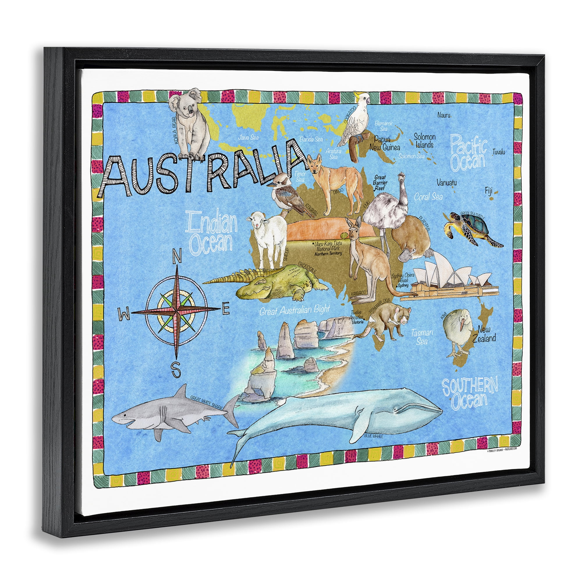Stupell Industries Australia Animal Map Town & City Painting Black Floater Framed Art Print Wall Art, 31 x 25