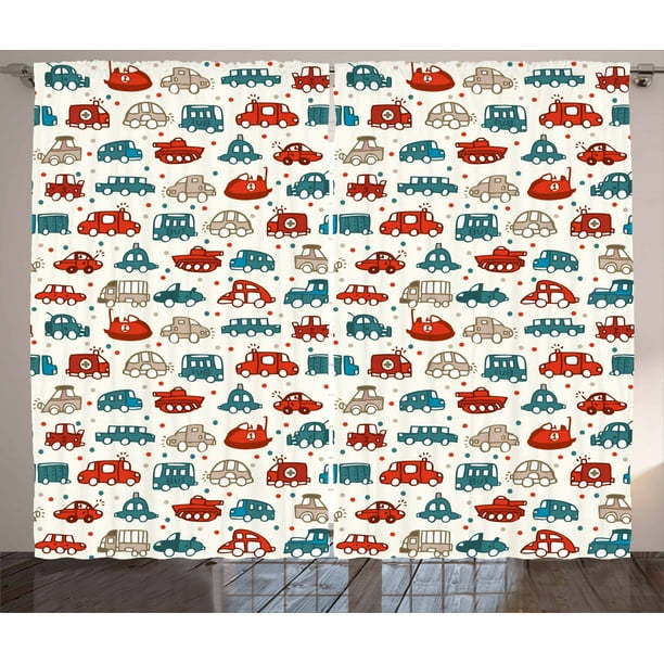 Cars Curtains 2 Panels Set, Cheerful Baby Boy Play Things in Kids