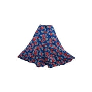 Mogul Women's Holiday Long Skirt Blue Floral Print Cotton Blend Gypsy  Maxi Skirts