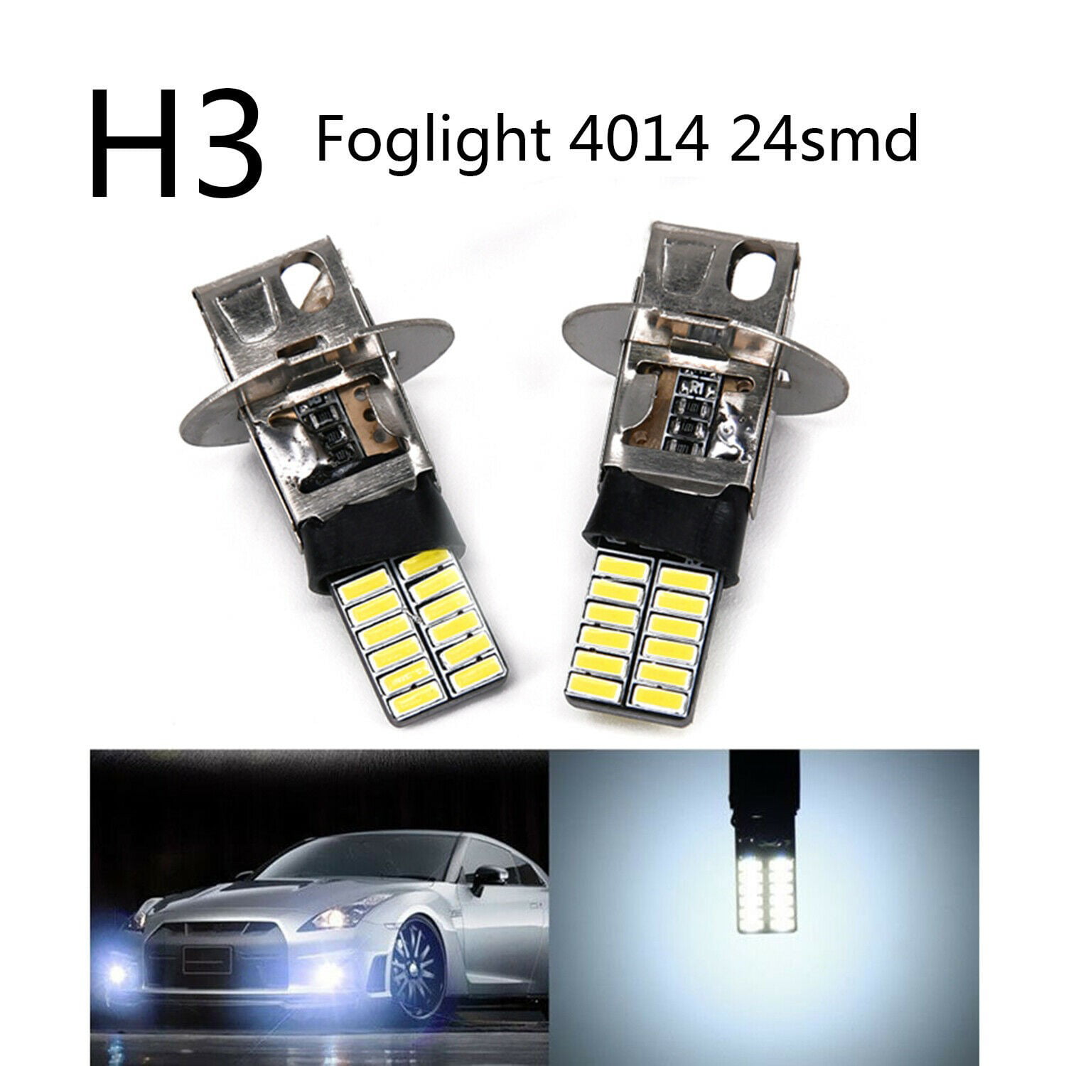 2x H1/H3 6500K 24SMD 4014 LED High Power Bulb Fog Light Driving Lamp DC 12V