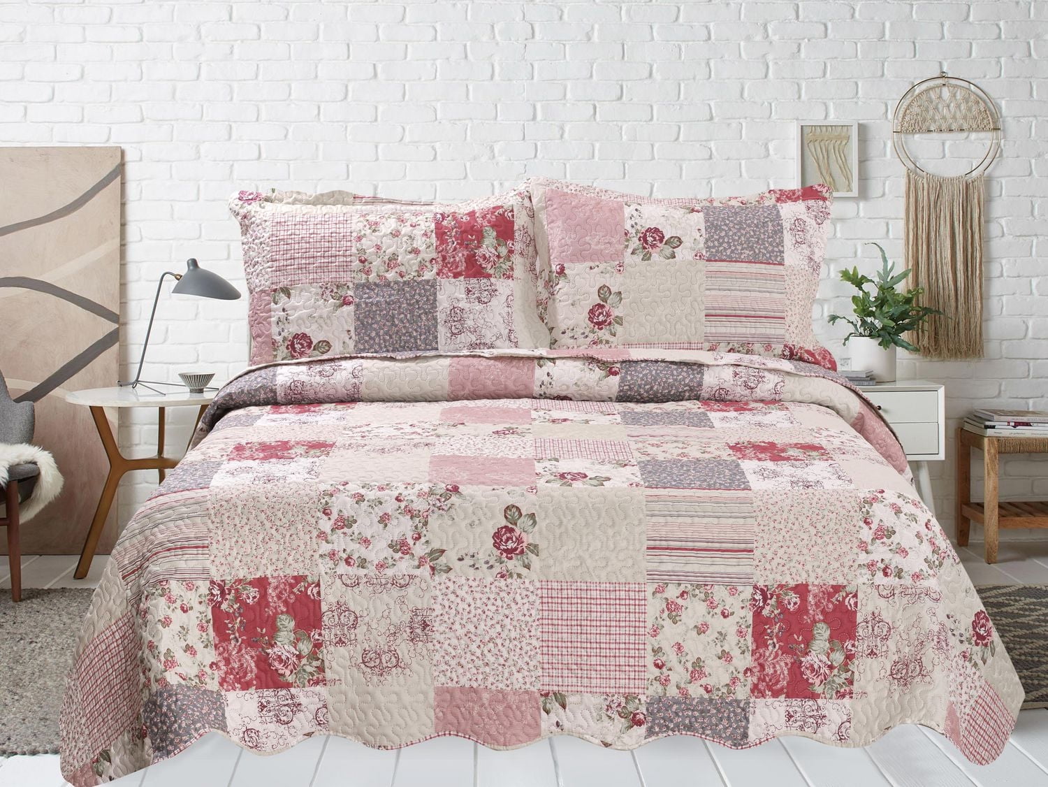 Marina Decoration Embossed Pinsonic Coverlet Bedspread Soft Bedding Summer Printed Quilt Set with Shams, Pink Purple Cream Floral Plaid Pattern