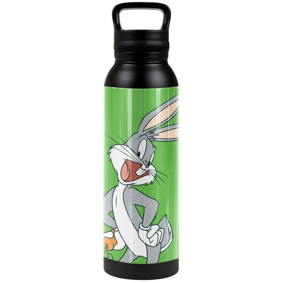 Looney Tunes Official Bugs Bunny Green Background 24 oz Insulated Canteen Water Bottle, Leak Resistant, Vacuum Insulated Stainless Steel with Loop Cap, Black