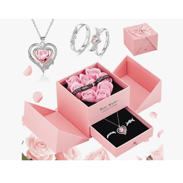 Flores Rosa Eterna Y Collar De Corazón color Rosa