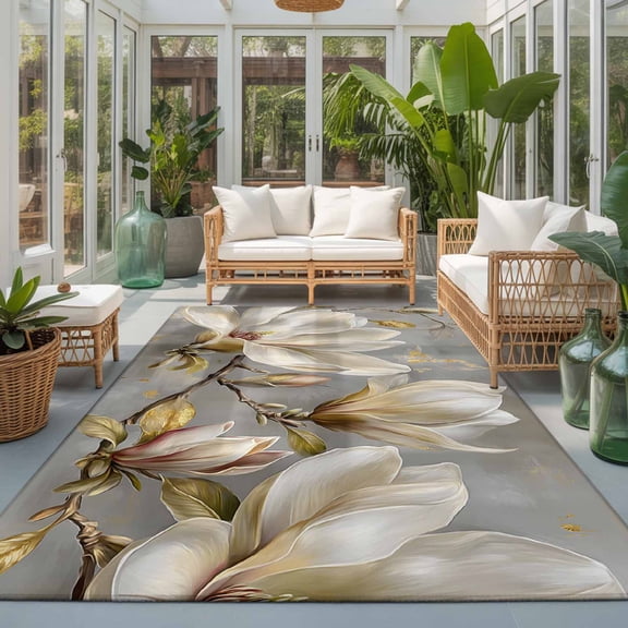 White Magnolia Floral Washable Living Room Rugs 5'x8', Golden Luxury Leaf Modern Gray Washable Throw Large Area Rug Non-Slip Sturdy Edge Binding Carpet for Living Area Kitchen Office