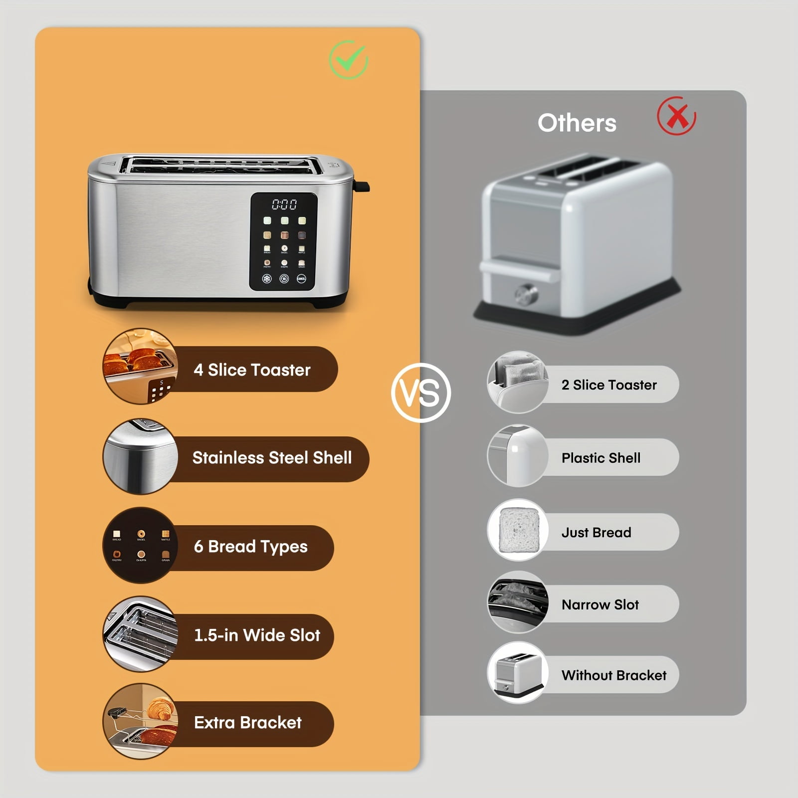 Stainless Steel 4-Slice Toaster with Touch Screen, Extra Wide Slots, 6 Bread Types & 6 Shade Settings, Defrost Reheat Cancel Functions, Removable Crumb Tray, Silver