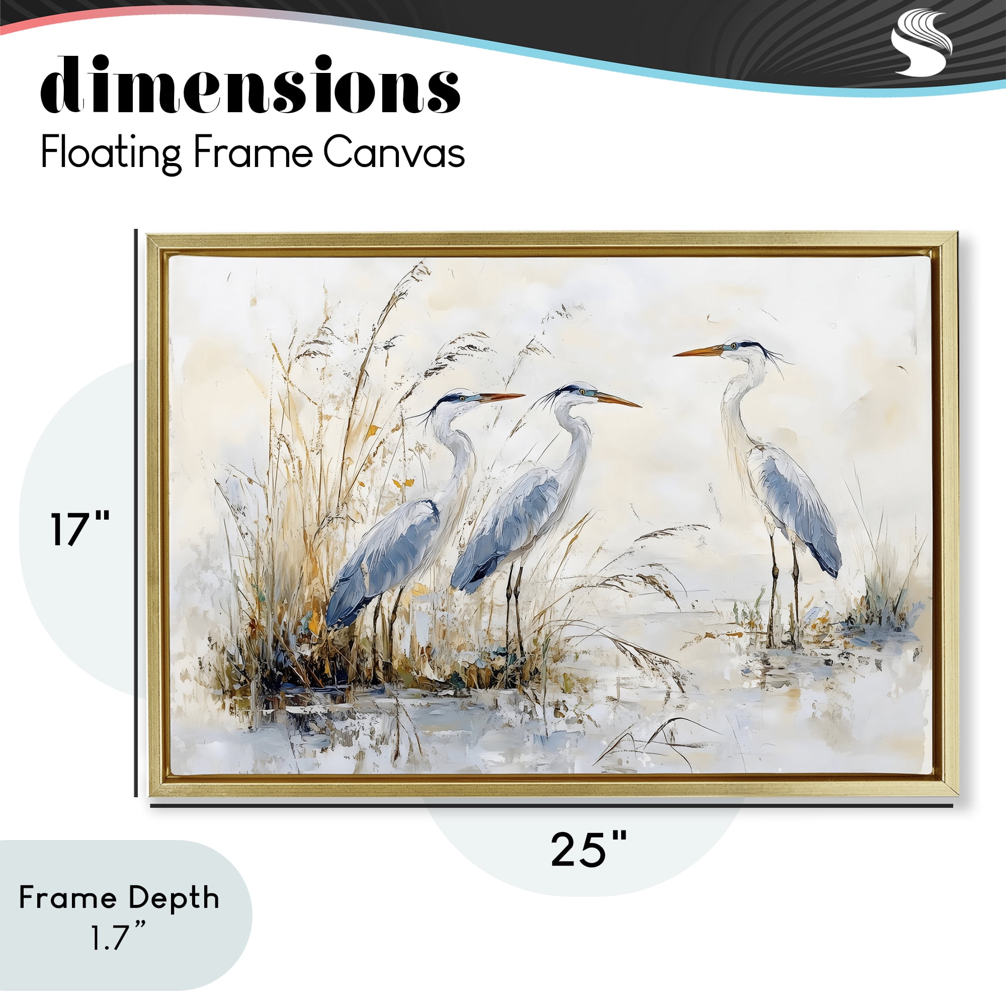 Stupell Industries Blue Heron Trio in Wetlands Gold Framed Floater Canvas Wall Art, design by LSR Design Studio
